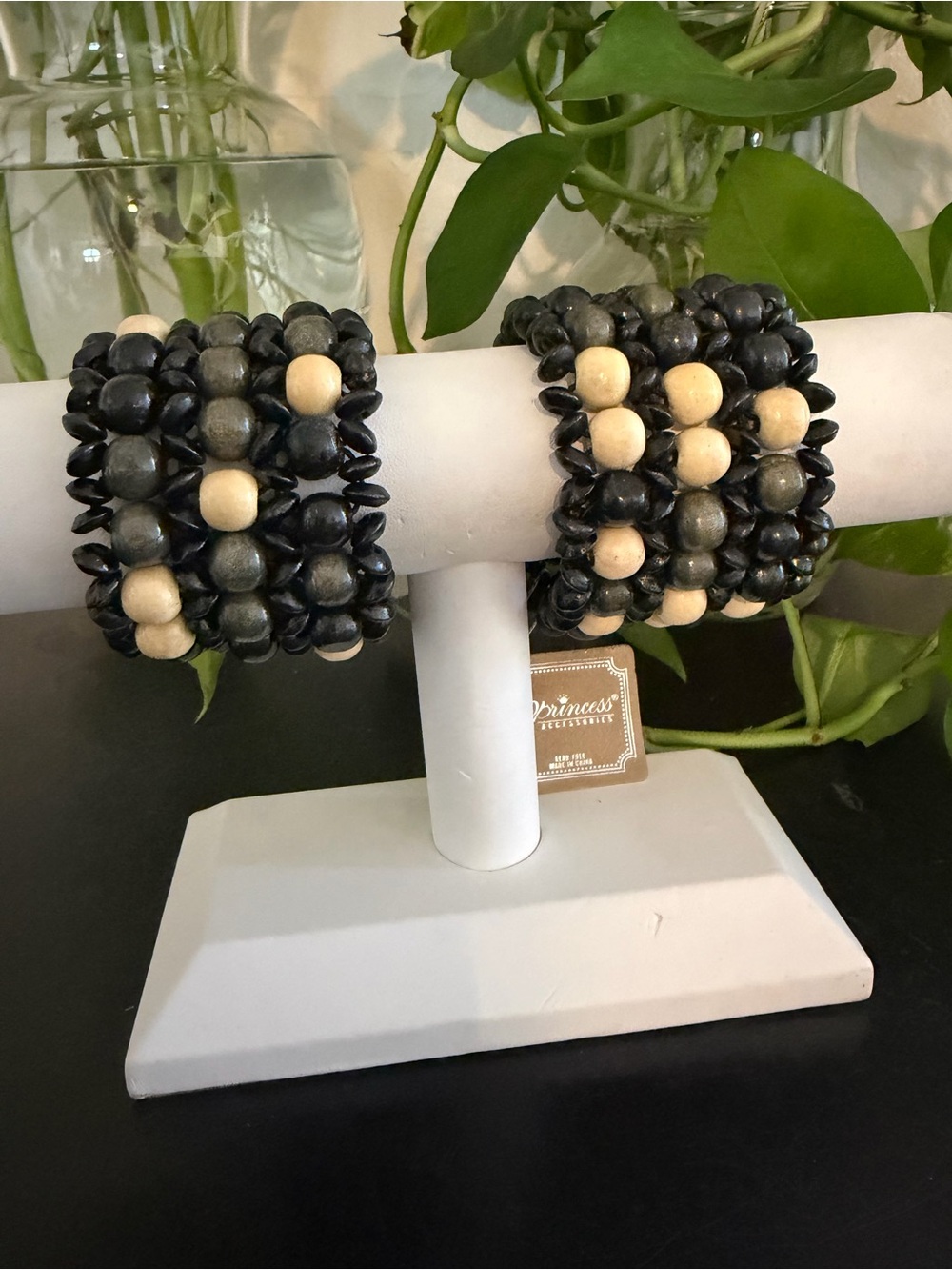 Vintage Hawaiian Pacific Island Seed & Koa Wood Beaded Lei Cuff Bracelets Surfer